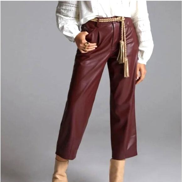 Anthropologie Pilcro The Breaker Faux Leather Pants Burgundy Red Crop Size 28 - Picture 1 of 14